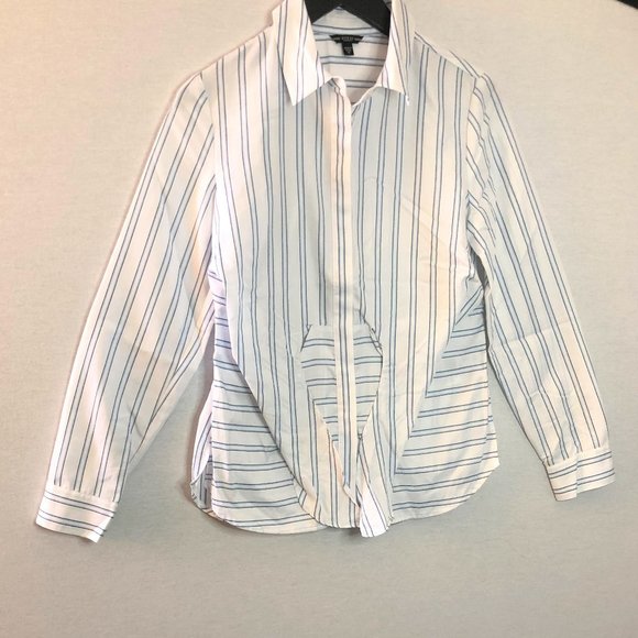 (NEW) GUESS White & Blue Striped Button Down Dress Shirt with Tie Detail - Picture 7 of 7